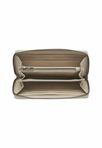 Beżowy skórzany portfel z zamkiem błyskawicznym, wieloma przegródkami na karty oraz centralną kieszenią zapinaną na zamek. Gładka faktura i kontrastujące elementy zamka.