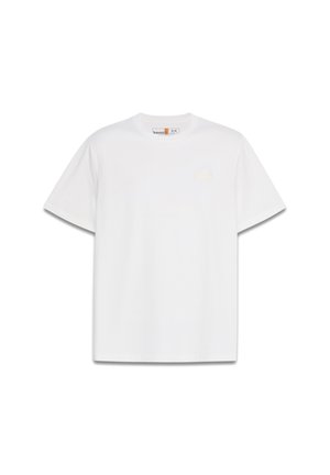 White cotton T-shirt with a loose fit, short sleeves, and a round neck. Features a small logo patch on the left chest.