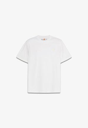 White cotton T-shirt with a loose fit, short sleeves, and a round neck. Features a small logo patch on the left chest.