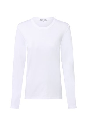 Weißes Langarmshirt mit Rundhalsausschnitt, schlichtem Design und sichtbarem Marie Lund Markenetikett am Kragen.