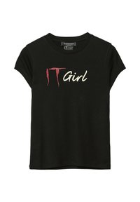 Czarny t-shirt z krótkim rękawem dla dziewczynek z napisem "IT Girl", gdzie "IT" jest ozdobione czerwonym teksturem przypominającą cieknącą farbę.
