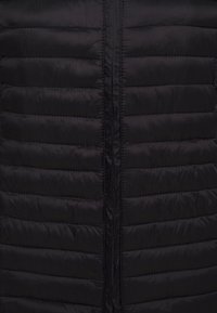 Doudoune noire avec un design matelassé, présentant des coutures verticales, une fermeture éclair complète à l'avant et une texture lisse et brillante.