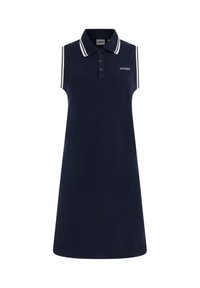 Laivaston sininen hihaton polo-mekko, jossa on valkoiset raidat kauluksessa ja olkapäissä. Mekossa on nappilista ja brodeerattu logo rinnassa.