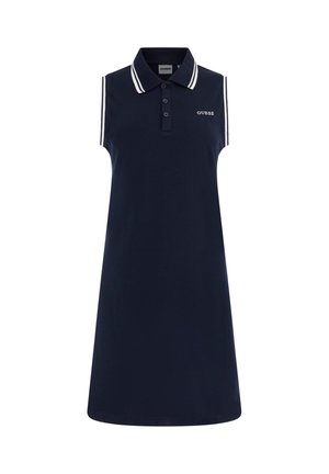 Vestido polo sin mangas de color navy con rayas blancas en el cuello y los hombros. Presenta una tapeta de botones y un logotipo bordado en el pecho.