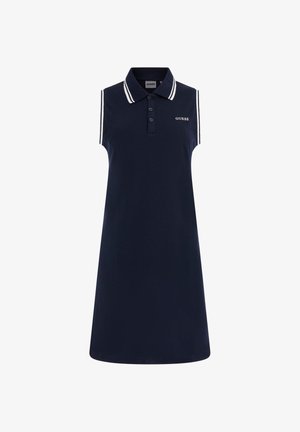 Abito polo senza maniche di colore blu navy con strisce bianche sul colletto e sulle spalle. Presenta una patta con bottoni e un logo ricamato sul petto.