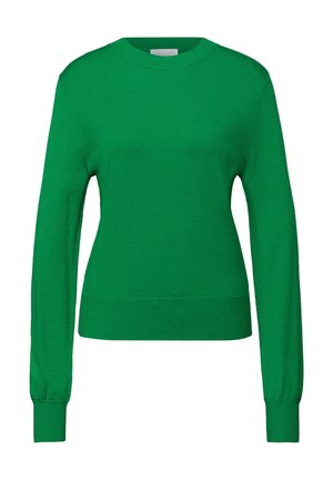 Groene gebreide trui met lange mouwen en een ronde hals. Heeft geribbelde manchetten en een aangesloten zoom, gemaakt van zacht materiaal.