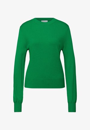 Groene gebreide trui met lange mouwen en een ronde hals. Heeft geribbelde manchetten en een aangesloten zoom, gemaakt van zacht materiaal.