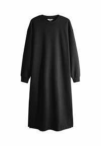 Dlhé čierne šaty so sweatshirt vzhľadom, s dlhými rukávmi, okrúhlym výstrihom a rebrovanými manžetami, vystavené na bielom pozadí.