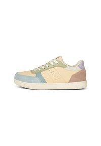 Sneaker in einer Mischung aus sanften Pastellfarben: blasses Gelb, Grün, Blau und Hellrosa. Hergestellt aus Leder und Wildleder mit einer Gummisohle.