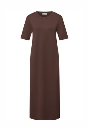 Brązowa sukienka do kolan z krótkimi rękawami, okrągłym dekoltem i trzema guzikami na lewym ramieniu.