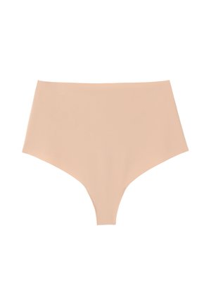 Beige High-Waist-Brief aus glattem Stoff. Verfügt über eine nahtlose Verarbeitung ohne sichtbare Linien, designed für Komfort und Bedeckung.