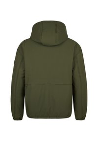 Olivgrüne gepolsterte Jacke mit Kapuze, aus strukturiertem Gewebe, mit elastischen Bündchen und einem Känguru-Taschen-Design auf der Rückseite.