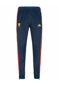 Pantaloni sportivi blu con logo giallo leone e logo Kappa, dotati di strisce laterali rosse e polsini con zip per una vestibilità regolabile.