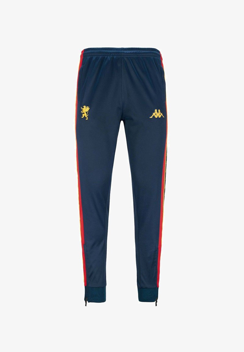 Pantaloni sportivi blu con logo giallo leone e logo Kappa, dotati di strisce laterali rosse e polsini con zip per una vestibilità regolabile.
