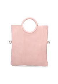 Borsa tote in suede rosa morbido con manico circolare superiore, corpo rettangolare piatto e design minimalista. Presenta anelli di accento hardware sui lati.