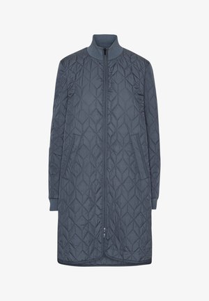 Lang gewatteerd donkergrijs jack met ruitvormige stiksels, ritssluiting aan de voorkant, hoge geribbelde kraag, geribbelde manchetten en schuin geplaatste zijzakken.