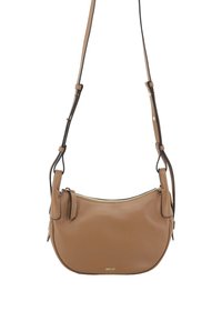 Braune Leder-Crossbody-Tasche mit verstellbarem Tragegurt und goldenem Reißverschluss, kleines goldfarbenes "abro"-Logo in der Mitte vorne.