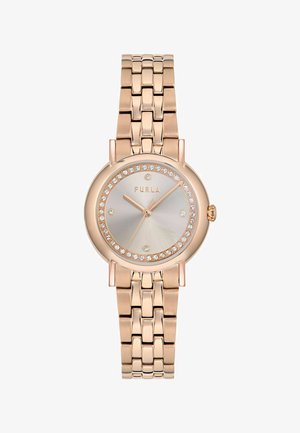 Ručno vrijeme od ružičastog zlata s povezanim narukvicom, okruglim brojčanikom, kristalnim ukrasima oko brojčanika i imenom marke Furla na srebrnoj pozadini.