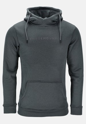 Grau Fleece-Hoodie mit Kängurutasche, verstellbarem Kordelzug an der Kapuze und dezentem Branding auf der Brust. Weicher Stoff.