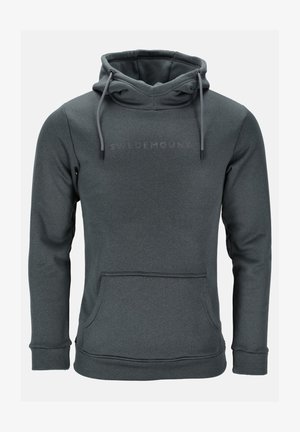 Grijze fleece hoodie met een kangoeroezak, verstelbare trekkoorden voor de capuchon en subtiele branding op de borst. Zachte textuur.