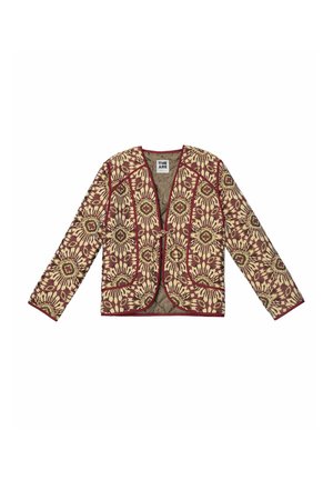 Long-sleeve quilted jacket with maroon and beige floral pattern, open front with a single loop closure, and label "THE ARE."