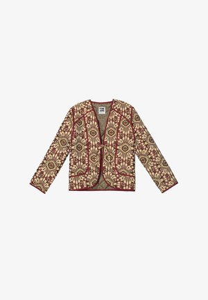 Long-sleeve quilted jacket with maroon and beige floral pattern, open front with a single loop closure, and label "THE ARE."