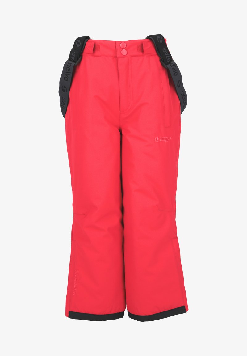 Pantalones de esquí impermeables rojos con tirantes negros ajustables, dos bolsillos laterales y un dobladillo negro en la parte inferior para mayor durabilidad.