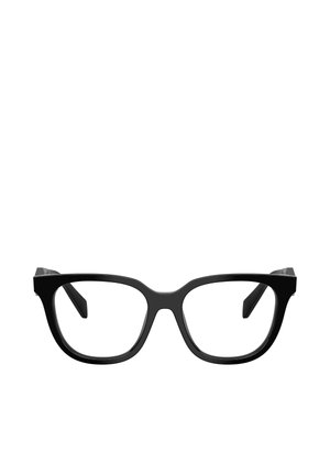 Occhiali da vista neri con forma rettangolare, montatura in plastica spessa e astine rastremate. Lenti trasparenti e texture liscia senza motivi visibili.