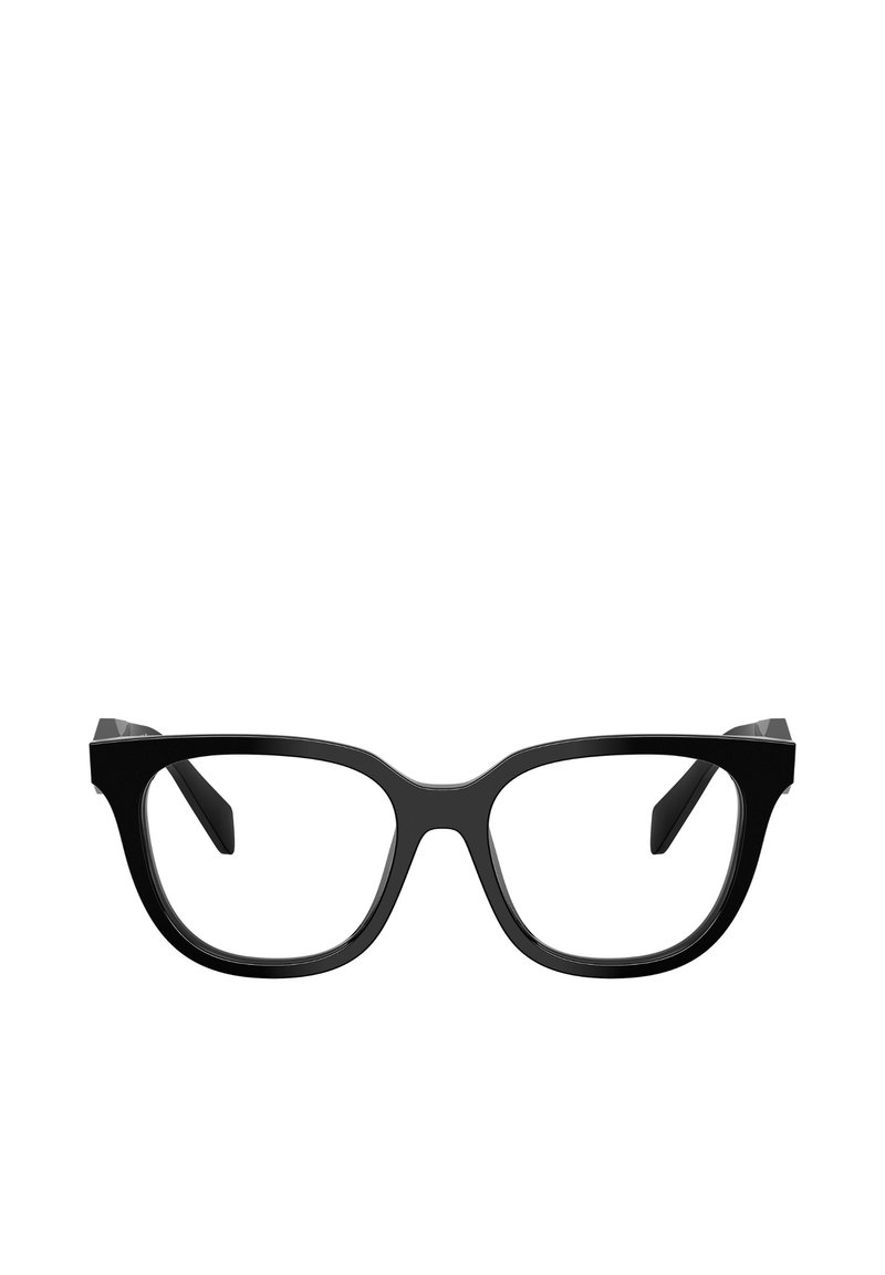 Occhiali da vista neri con forma rettangolare, montatura in plastica spessa e astine rastremate. Lenti trasparenti e texture liscia senza motivi visibili.