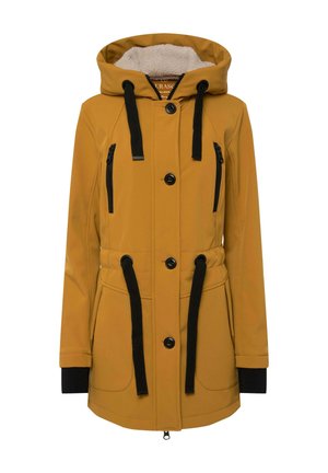 Parka jaune résistant à l'eau avec une doublure en fausse fourrure, des cordons de serrage noirs, des poches zippées et une ceinture à la taille pour un ajustement réglable.