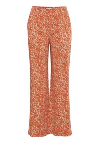 Lehké široké kalhoty z béžové látky s živým oranžovým květinovým vzorem. Elastický pas s hladkým povrchem.