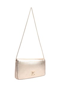 Metallic gold clutch bag with textured finish, rectangular shape, and chain strap; features embossed logo on the front.