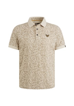 Bež polo majica z abstraktnim rjavim vzorcem, ovratnikom, dvema gumboma na zapenjanju in majhnim logotipom na prsih. Kratki rokavi z dodatki.