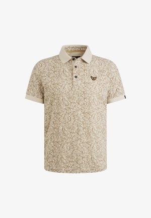 Beżowa koszulka polo z abstrakcyjnym brązowym wzorem, kołnierzykiem, zapięciem na dwa guziki oraz małym logo na piersi. Krótkie rękawy z akcentami.