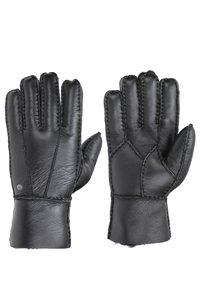 Juodos odinės pirštinės su glotnia tekstūra, turinčios kontrastingas siūles ir prigludusią tinkamą formą. Atvirų pirštų dizainas suteikia lankstumo.