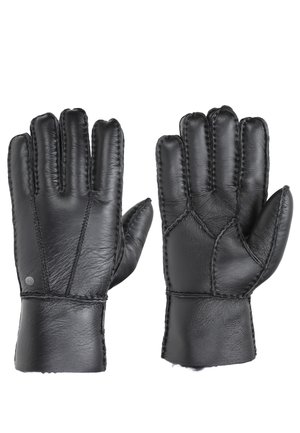 Crne kožne rukavice glatke teksture, s kontrastnim šavovima i uskim prianjanjem. Dizajn bez prstiju omogućava fleksibilnost.