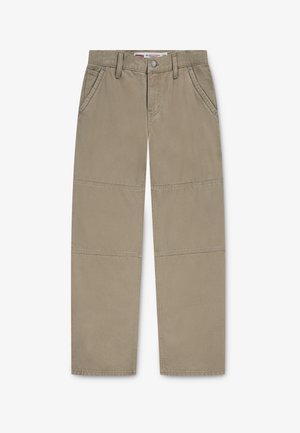 Beige rechte broek van katoen met contrasterende stiksels, twee zijzakken en een knoopsluiting bij de taille.