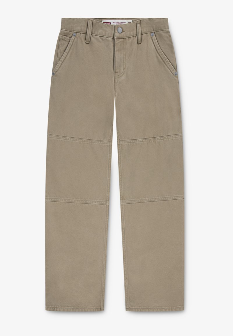 Beige raka byxor av bomull med kontrasterande sömmar, två framfickor och knäppning i midjan.