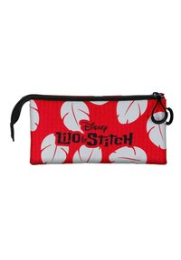 Estuche de lápices con cremallera roja, que presenta patrones de hojas tropicales blancas y el texto "Disney Lilo & Stitch" en un lado; material de tela y forma plana.