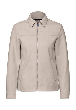Giacca in misto lana beige con zip frontale, colletto a punta, due tasche laterali e una texture liscia con dettagli di cucitura minimi.