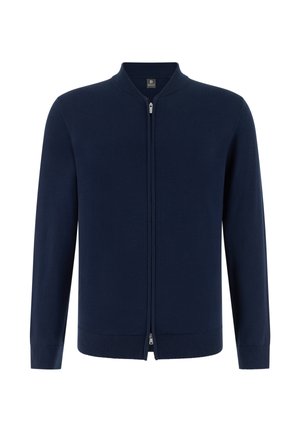 Cardigan bleu marine à fermeture éclair intégrale, avec col, poignets et ourlet côtelés, doté d'une fermeture éclair avant élégante.