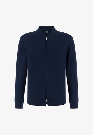 Cardigan bleu marine à fermeture éclair intégrale, avec col, poignets et ourlet côtelés, doté d'une fermeture éclair avant élégante.