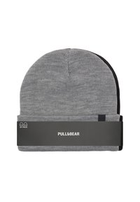 Grå stickad mössa med vikt kant, en del av ett tvåpack, med en svart detalj. Förpackad med ett svart pappersband som visar logotypen.