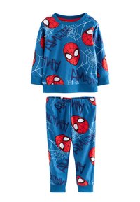 Set di pigiama blu composto da una maglia a manica lunga e pantaloni, decorato con teste di Spider-Man rosse e motivi di ragnatela. Tessuto morbido ed elastico.