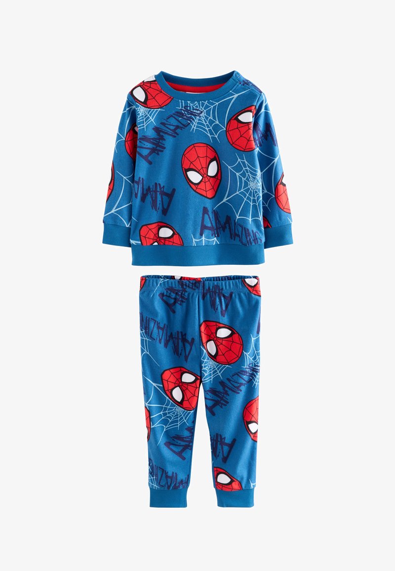 Conjunto de pijama azul que incluye una camiseta de manga larga y pantalones, decorado con cabezas rojas de Spider-Man y diseños de telarañas. Tela suave y elástica.