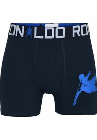 Marineblaue Boxershorts mit einer blauen Silhouette-Grafik. Verfügt über einen schwarzen elastischen Bund mit "RONALDO" in Weiß bedruckt. Aus weichem Baumwollmaterial.