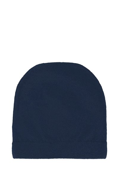 Cappello beanie in maglia blu navy con una consistenza morbida, cima arrotondata e risvolto. Presenta un design senza cuciture, privo di motivi o decorazioni.