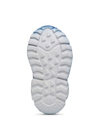 Suola di sneaker in gomma bianca con un motivo testurizzato, caratterizzata da impugnature a zigzag e triangolari per una migliore aderenza. Accenti blu sul tallone.