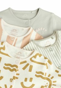 Three baby bodysuits in pastel colors: light grey, peach with stripes, and white with gold patterns. Each features a round neckline and snaps.