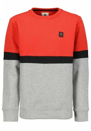 Sweatshirt mit Rundhalsausschnitt, rotem Oberteil, schwarzem Bruststreifen, hellgrauem unteren Teil und Ärmeln, mit einem kleinen schwarzen Quadratischen Logo auf der Brust.